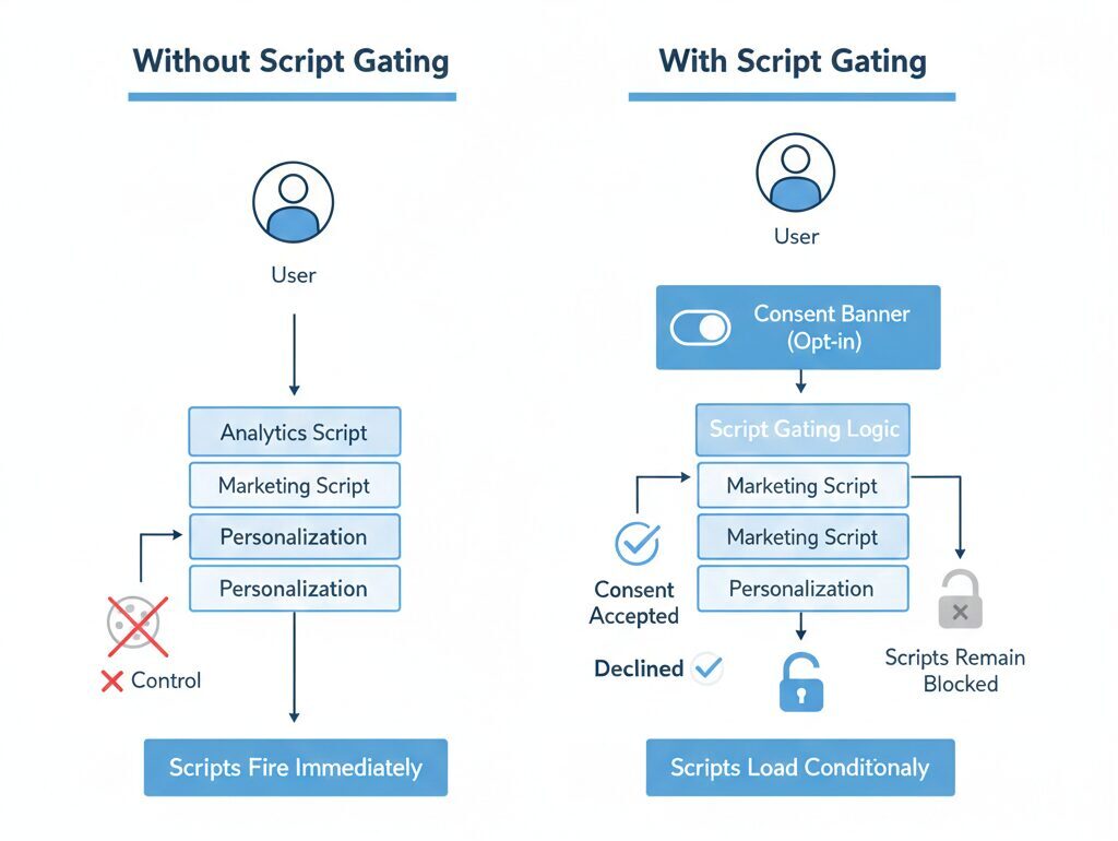 Comparison diagram showing script gating enabling compliant marketing consent and analytics consent before data activation.