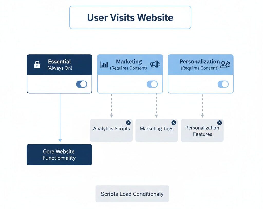 Diagram showing script gating using consent categories including essential consent, analytics consent, marketing consent and personalization consent.