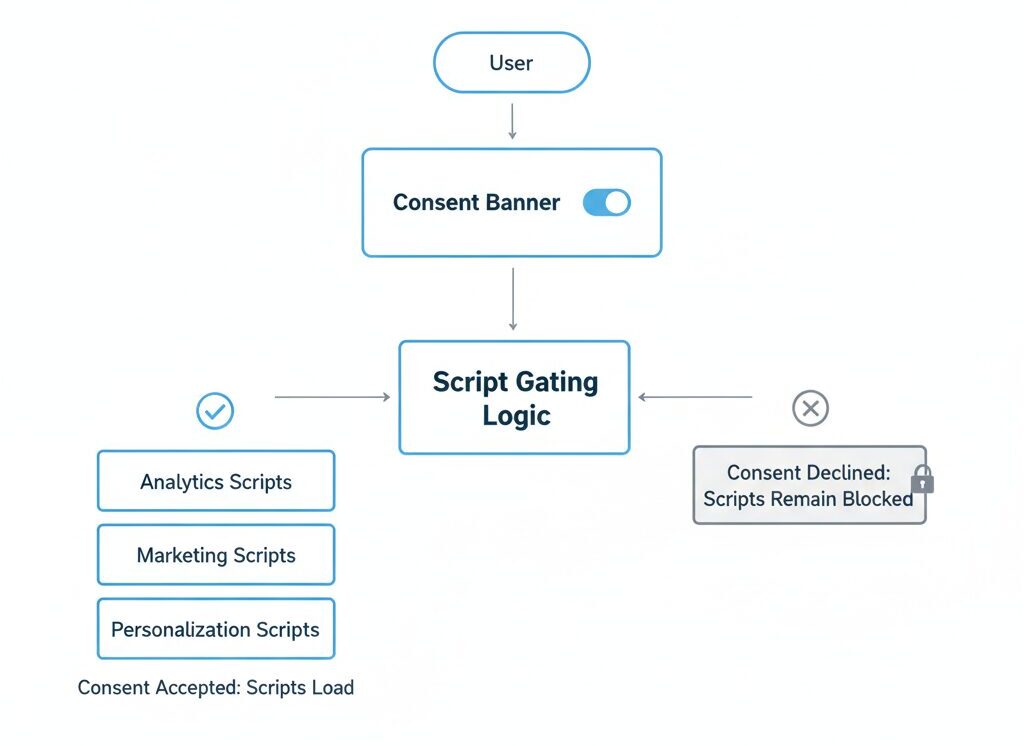 Workflow showing script gating controlling analytics consent, marketing consent and personalization consent after user consent selection.