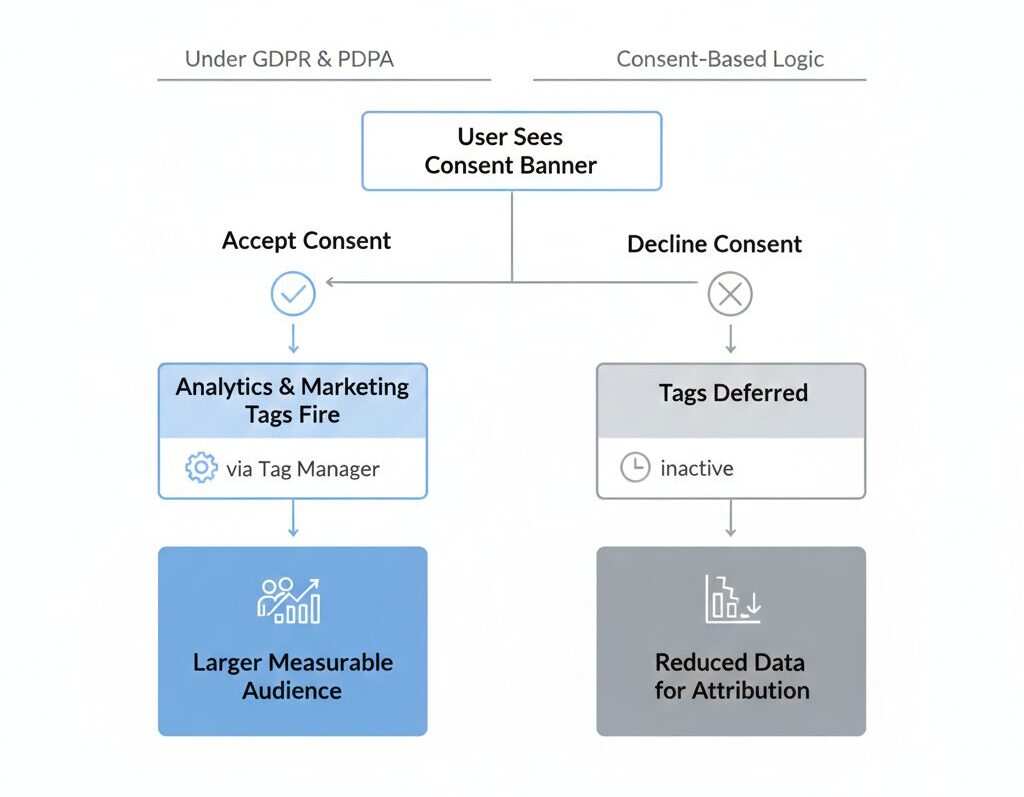 Workflow showing consent banner, tag firing via tag manager, and influence on audience size and attribution under GDPR and PDPA.