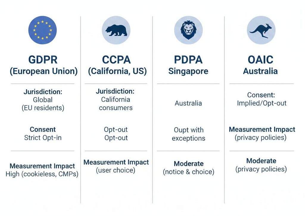 Comparison chart showing GDPR, CCPA, PDPA and OAIC with consent requirements and impact on audience attribution and signal quality.