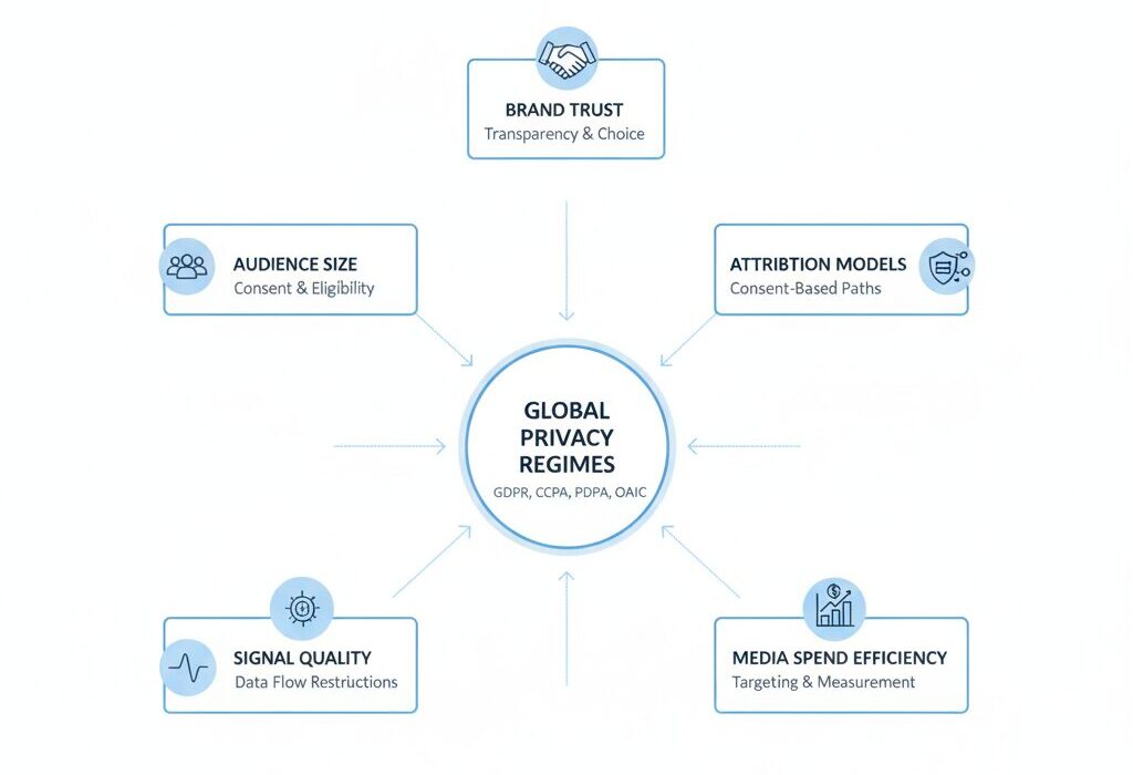 Diagram showing how GDPR, CCPA, PDPA and OAIC influence audience size, attribution quality, signal quality, media spend efficiency and brand trust.
