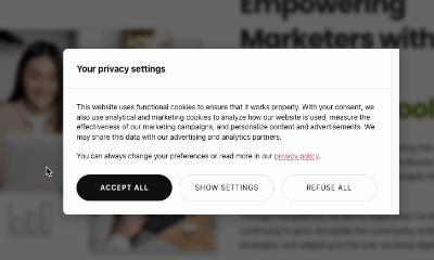 Diagram showing a Consent Management Platform (CMP) controlling analytics and marketing tags based on user consent for GDPR and PDPA compliance.