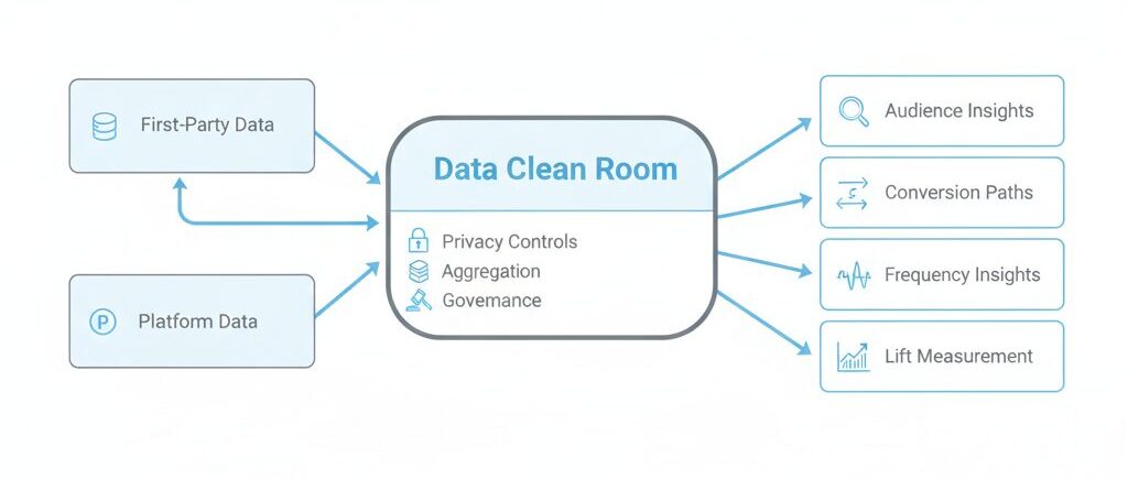 Data clean room architecture showing privacy-safe collaboration between first-party data and platform data