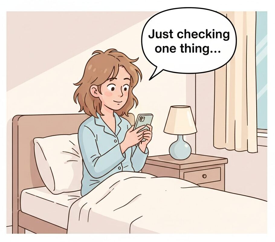Illustration of a woman named Anna waking up in the morning and casually browsing on her phone before starting her day.