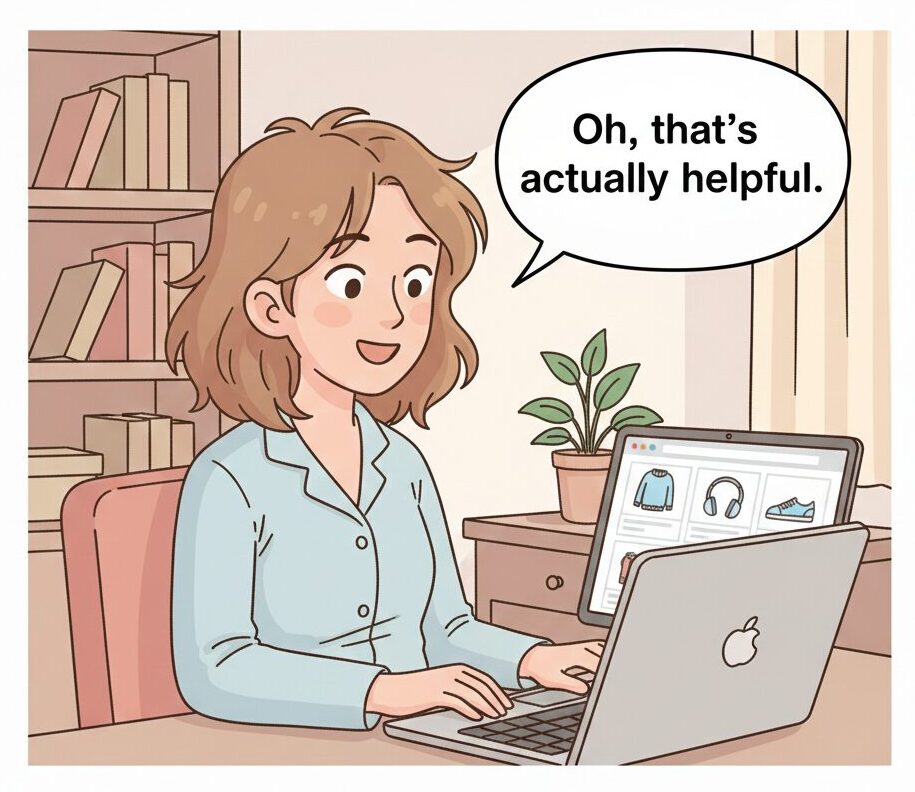 Illustration of Anna browsing a website on her laptop and seeing product recommendations that appear helpful and relevant.