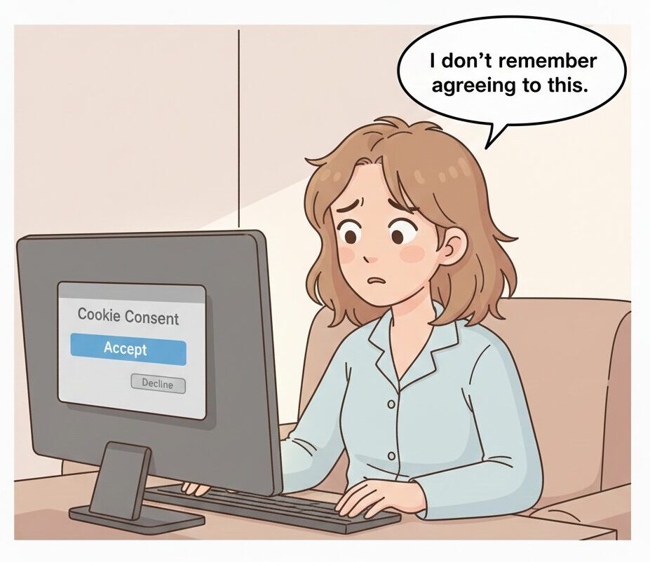 Illustration of Anna staring at a cookie consent prompt on a screen, looking unsure about what she agreed to.