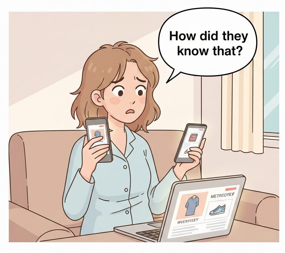 Illustration of Anna looking confused while similar ads appear on both her phone and laptop at the same time.