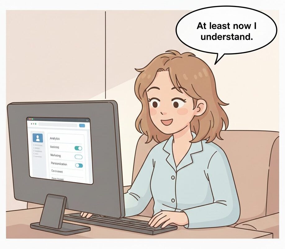 Illustration of Anna calmly using a website with clear preference settings, showing a sense of understanding and control.