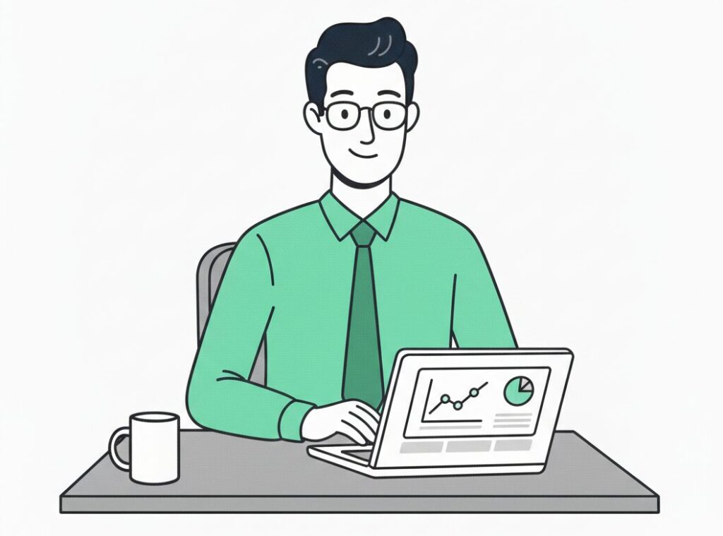 Marketer confidently reviewing a simplified GA4 events set-up and clean analytics dashboard