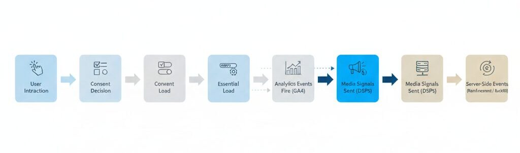 Diagram illustrating a left-to-right sequence from user interaction and consent decisions to analytics events, media signals, and server-side event reinforcement.
