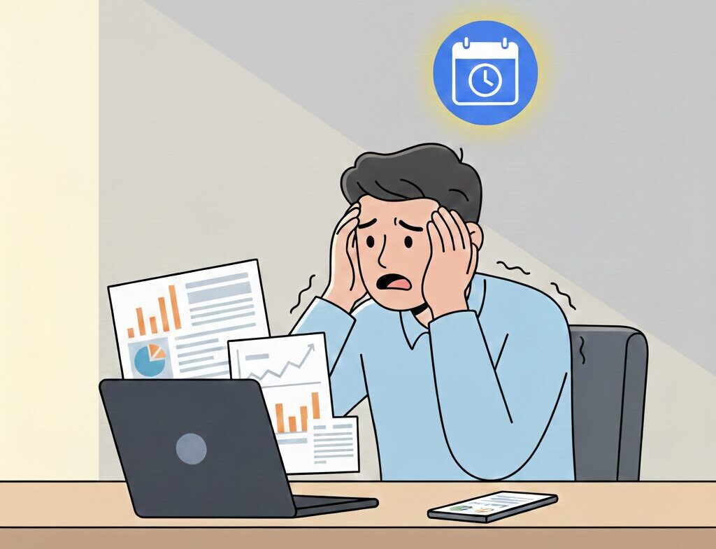 Illustration of a marketer sitting panicky at a desk, reviewing misaligned numbers in the report