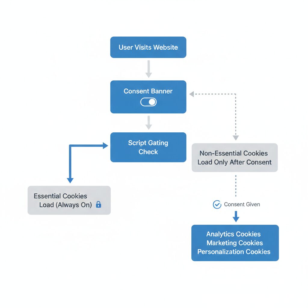 Diagram illustrating script gating workflow, where essential scripts load by default while analytics, marketing, and personalization scripts activate only after user consent.