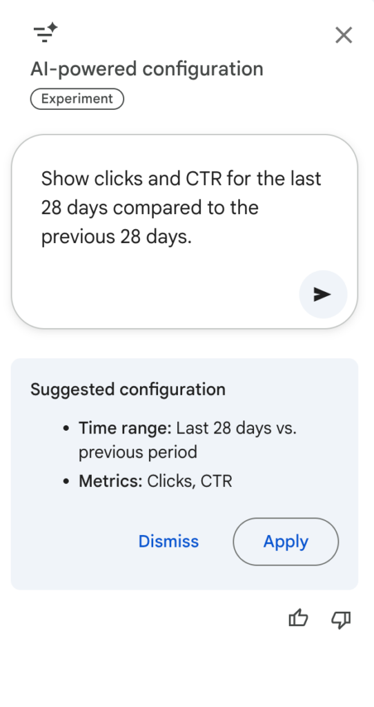 Show clicks and CTR for the last 28 days compared to the previous 28 days.