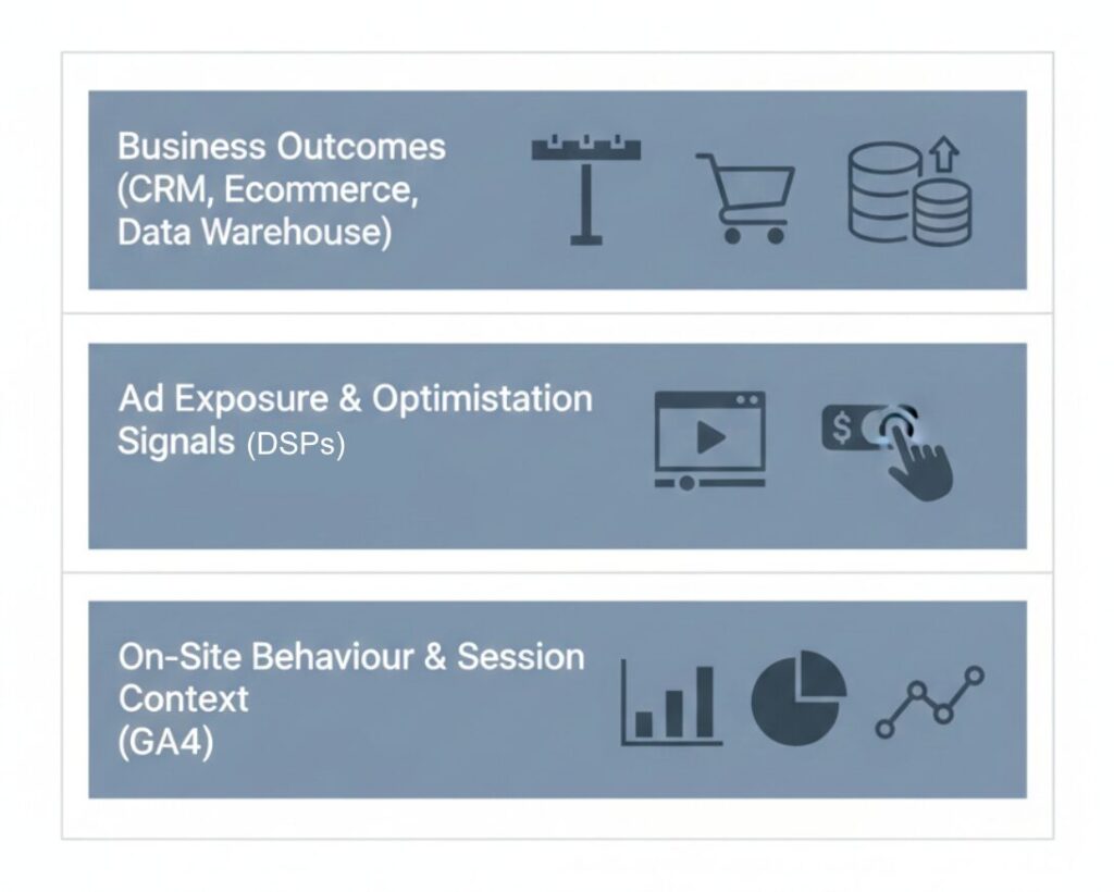 Diagram showing a vertical hierarchy of systems, with on-site analytics at the bottom, media platforms in the middle, and business outcome systems at the top, representing different sources of truth.