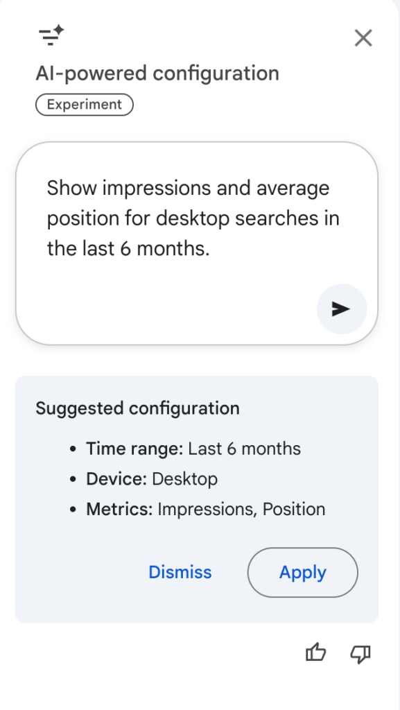 Show impressions and average position for desktop searches in the last 6 months.