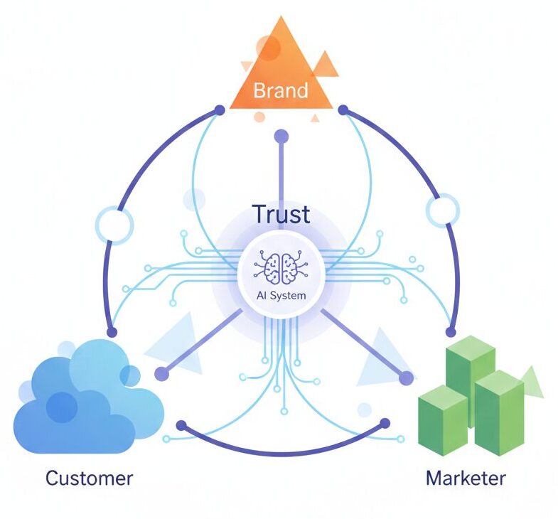 An abstract illustration showing trust at the center, connecting customer, marketer, and brand roles around an AI system.