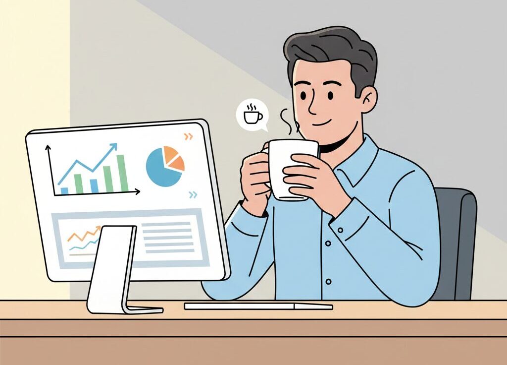 Illustration of a marketer sitting at a desk with a laptop and phone, looking overwhelmed while reviewing mismatched analytics and media performance dashboards.