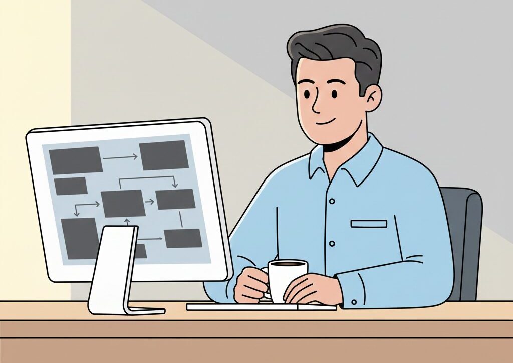 Illustration of a marketer sitting calmly at a desk, reviewing a clean and structured system diagram, suggesting clarity and understanding of the data architecture.