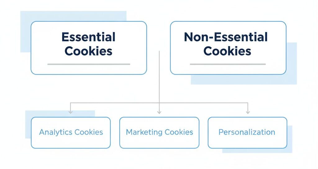 Diagram showing the essential cookies workflow, where strictly necessary cookies enable core website functions such as login sessions, security checks, form submissions, and shopping cart persistence.