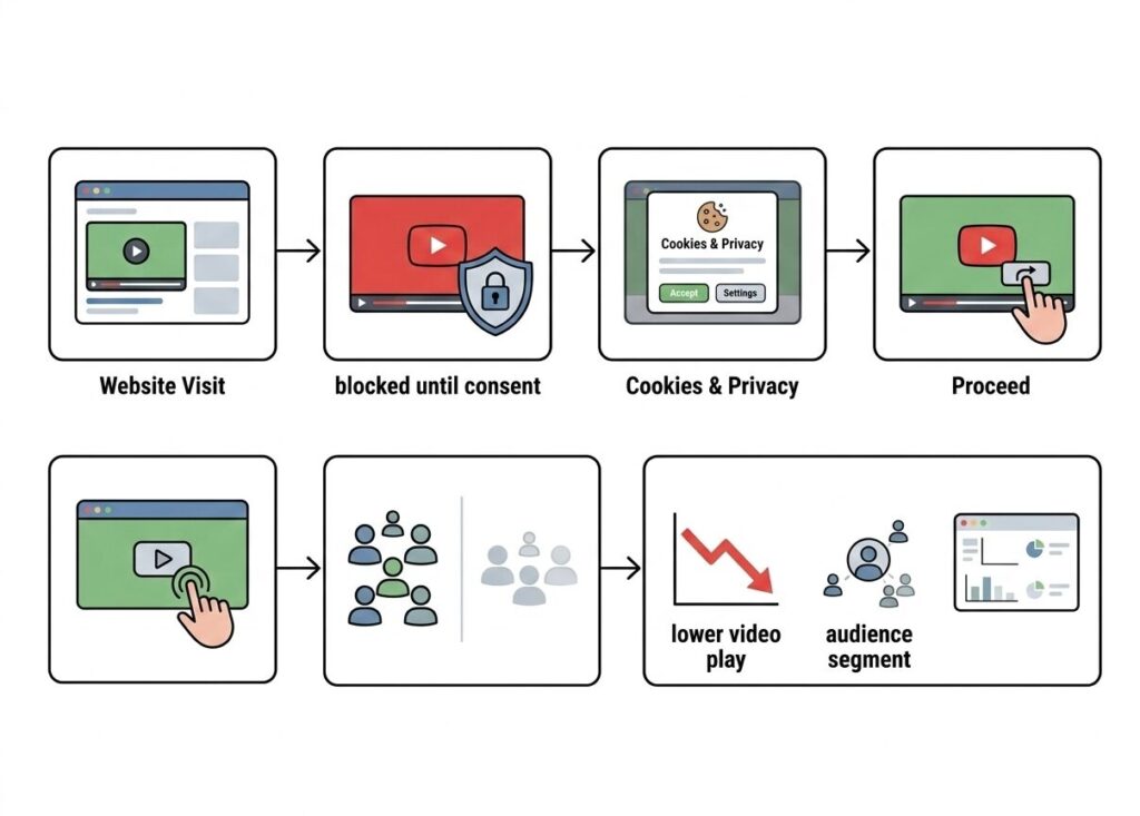 Flowchart showing website visit, cookie consent trigger, blocked YouTube video, user drop-off, and reduced engagement data