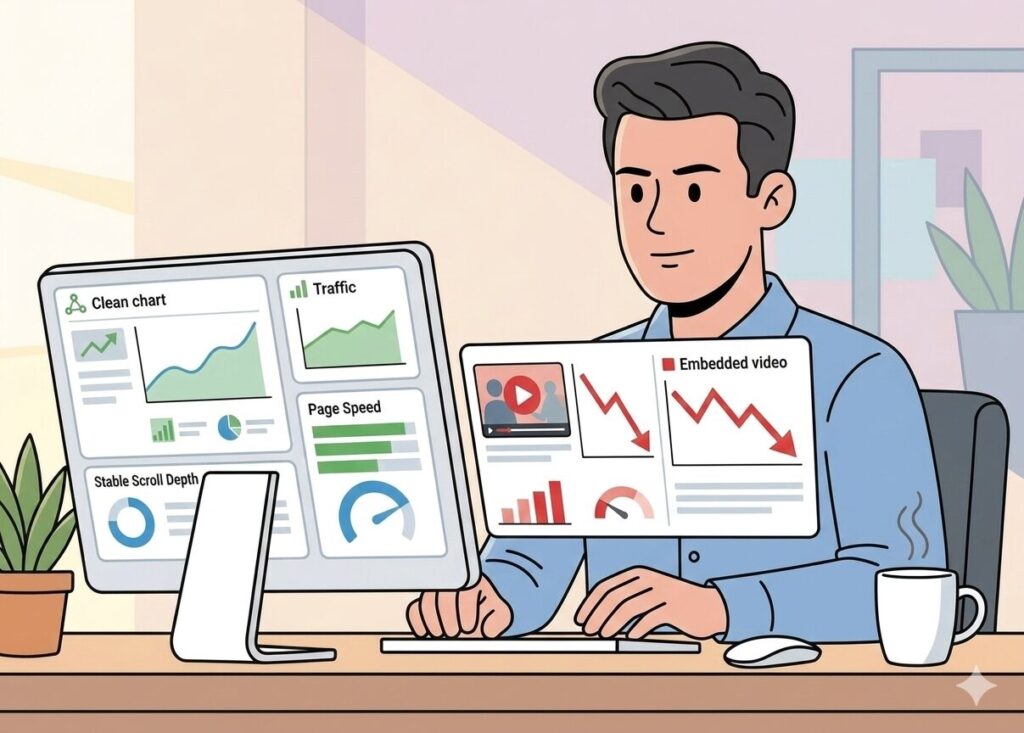 Marketing professional reviewing analytics dashboard with video engagement dropping but other metrics are doing well