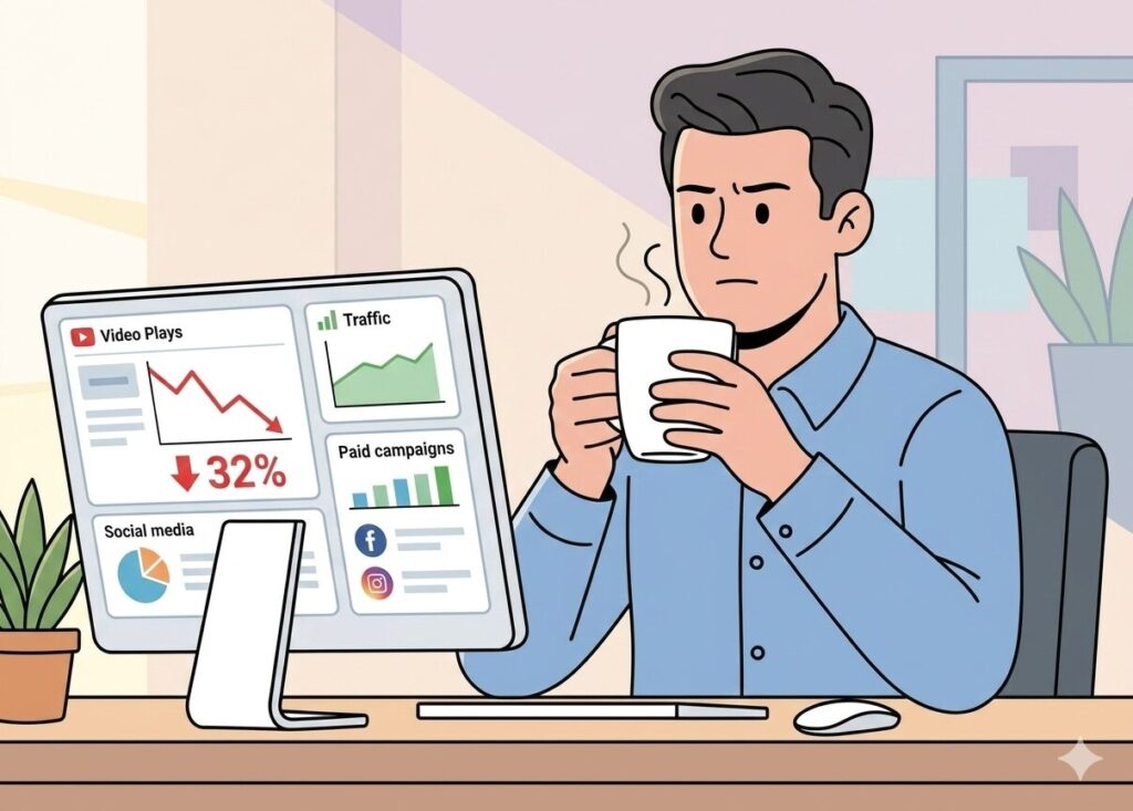 Marketing professional reviewing analytics dashboard with video engagement dropping after YouTube privacy consent settings were applied