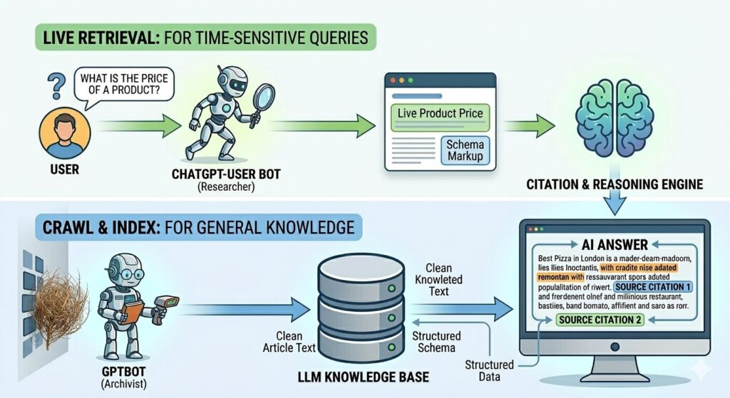 An illustration of how A chatgpt bot-user retrieve live data to answer user queries and a GPTbot archiving data to improve knowledge base