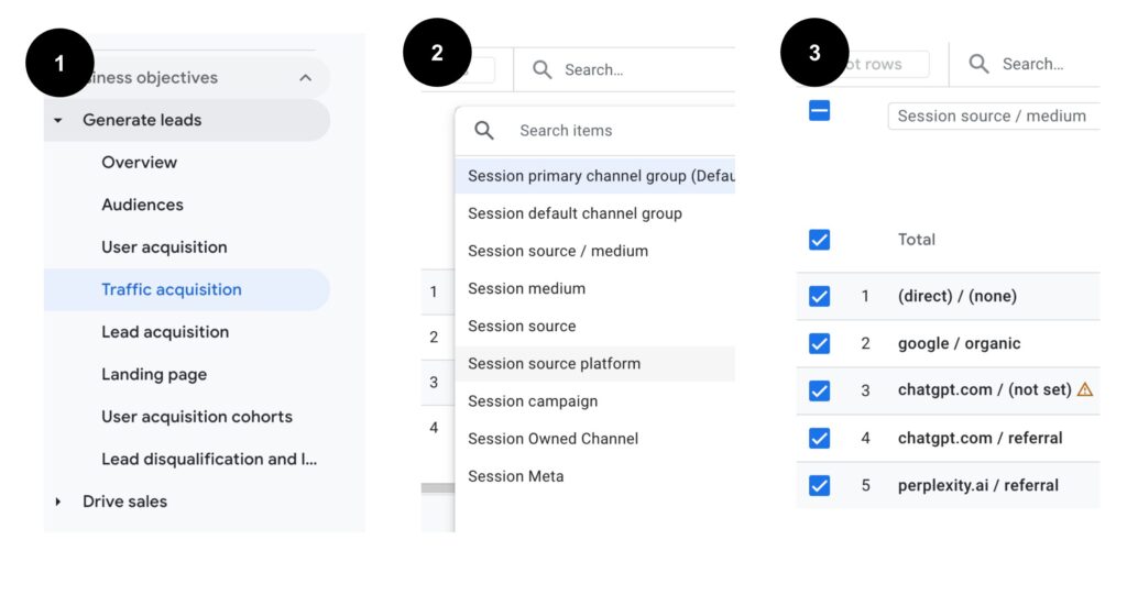 GA4 screenshot on how to find source and medium for AI Traffic