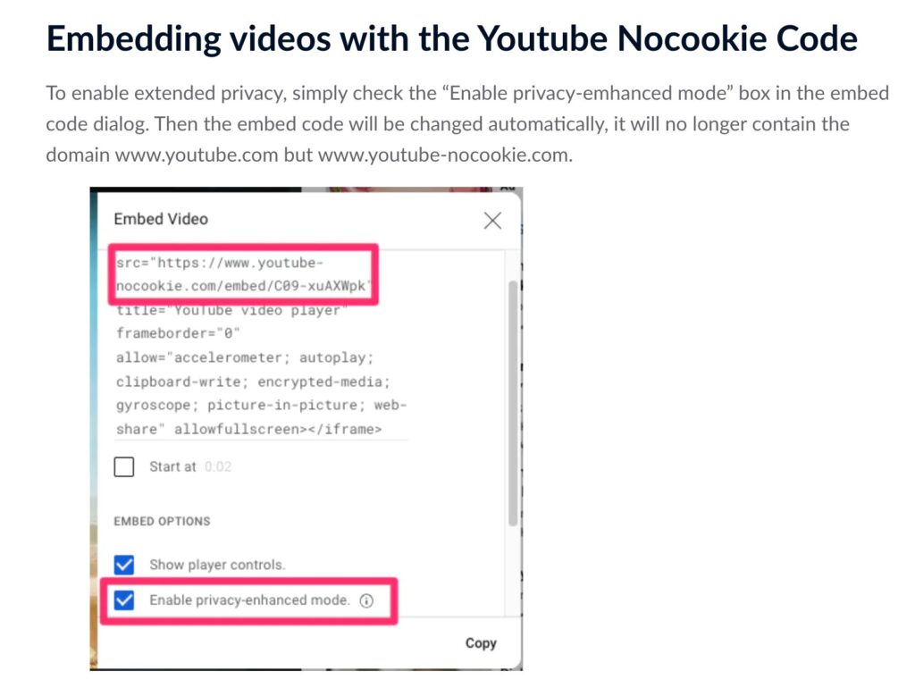 image from Decareto explains how standard YouTube embeds can transmit user data to Google and why enabling privacy-enhanced mode and loading videos only after user consent are key steps toward compliance.