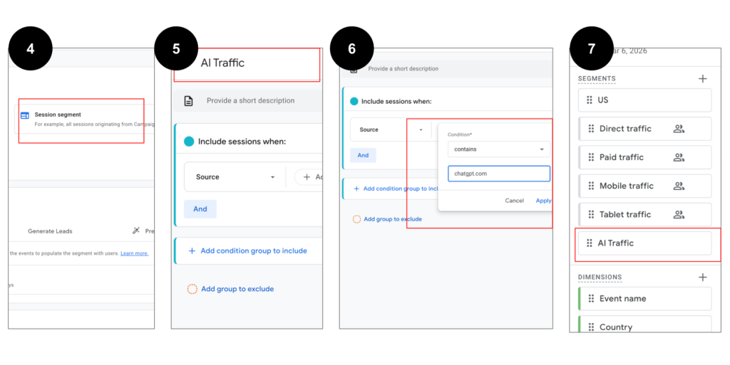 GA4 screenshot on how to create segment for AI traffic part 2