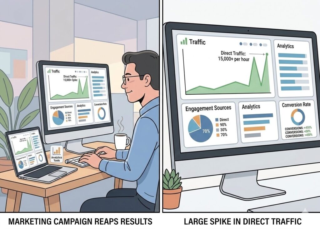 Professional reviewing website analytics on laptop while analysing Organic Search vs Direct Traffic trends